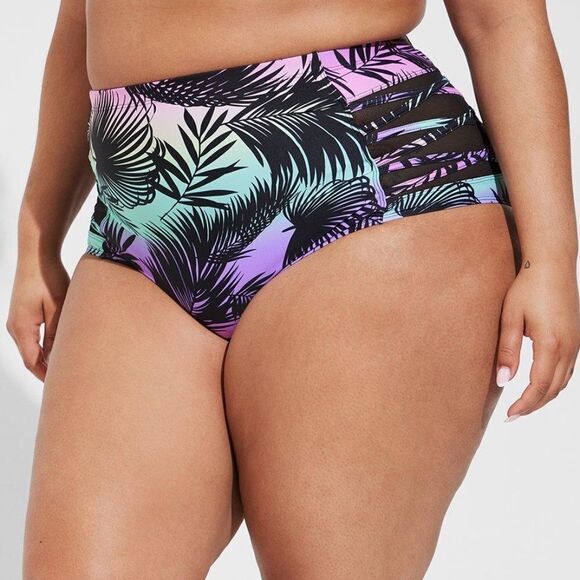 Torrid High-Rise Lattice Side Swim Bottom Palm Print 1X - Picture 2 of 16